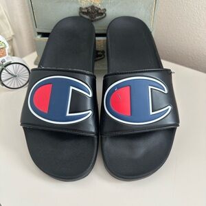 Champion Black Slides with Red and Blue Logo